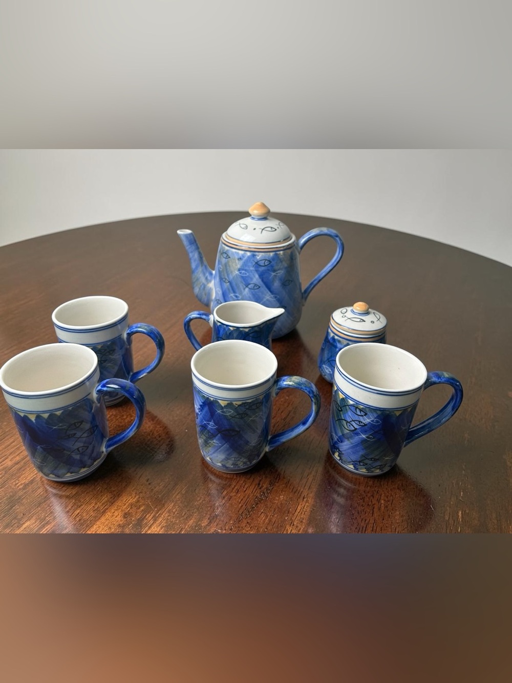 Blue Fish Ceramic Tea Set 7 Pc Teapot 4 Mugs Creamer Sugar Bowl